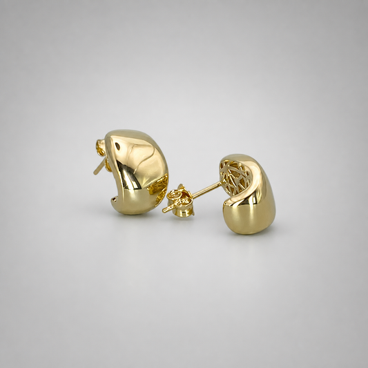 9ct Yellow Gold Hollow Italian Bent Oval Shape Stud Earrings with Lace look filligree back