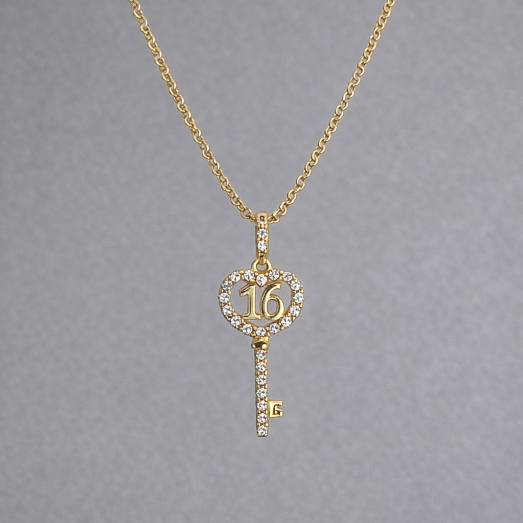 9ct Yellow Gold Cubic Zirconia 16th Key Pendant