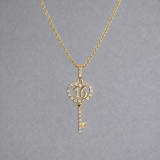 9ct Yellow Gold Cubic Zirconia 16th Key Pendant