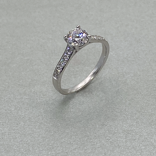 9ct White Gold Cubic Zirconia 4 Claw Solitaire & Pave Ring