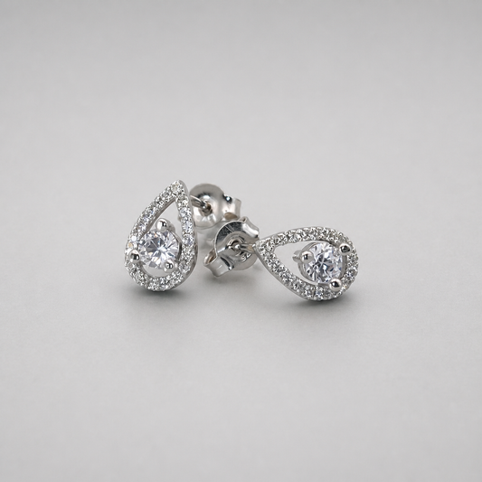 9ct White Gold  Pear Shaped Halo CZ Stud Earrings