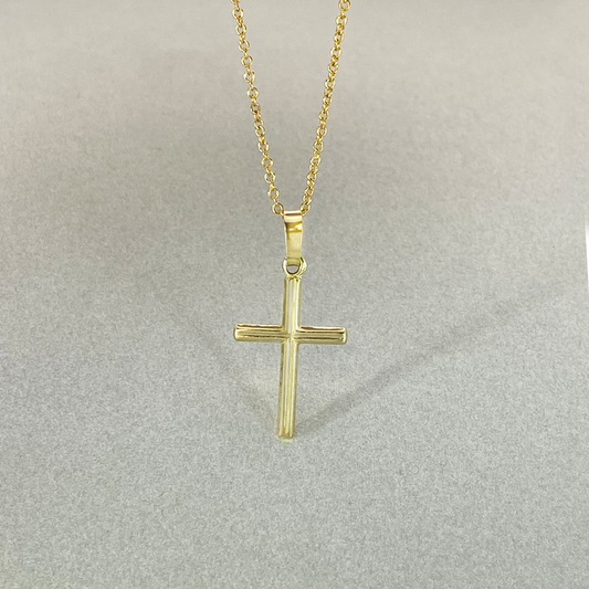 9ct Yellow Gold  Small Cross with Centre Groove Line Detail