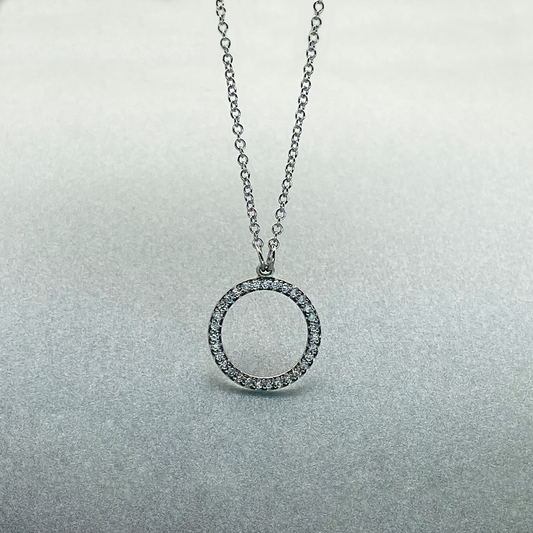 9ct White Gold  Diamond Micro Pave Circle Pendant on chain Necklace