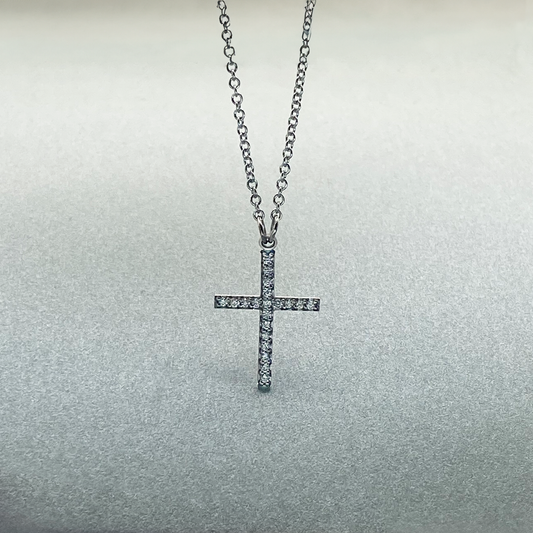 9ct White Gold  Diamond Micro Pave Cross Pendant on chain Necklace