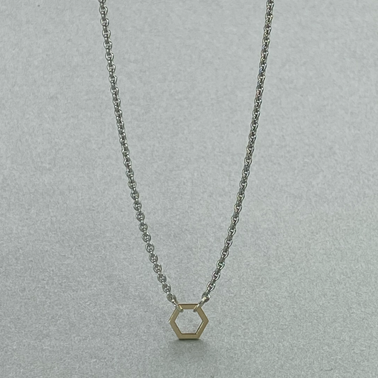 9ct Yellow Gold Hexagon on 43cm Silver Chain