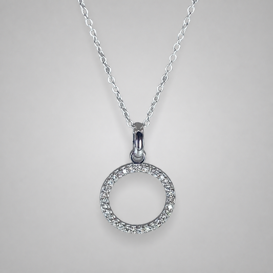 LAB GROWN 9ct White Gold Diamond MicroPave Circle Pendant, Total Diamond Weight = 0.16ct (Excl Chain)