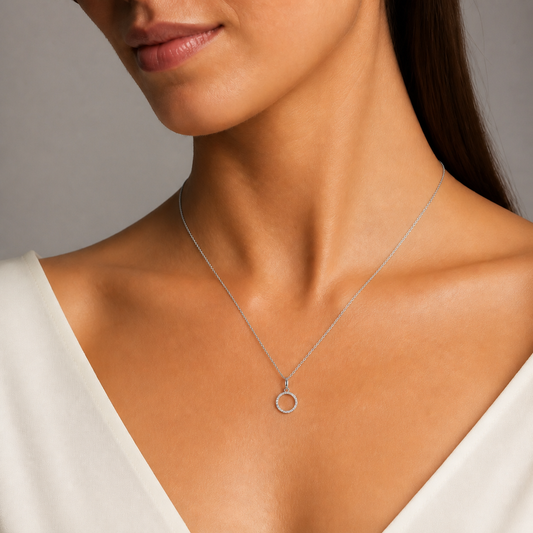 LAB GROWN 9ct White Gold Diamond MicroPave Circle Pendant, Total Diamond Weight = 0.16ct (Excl Chain)