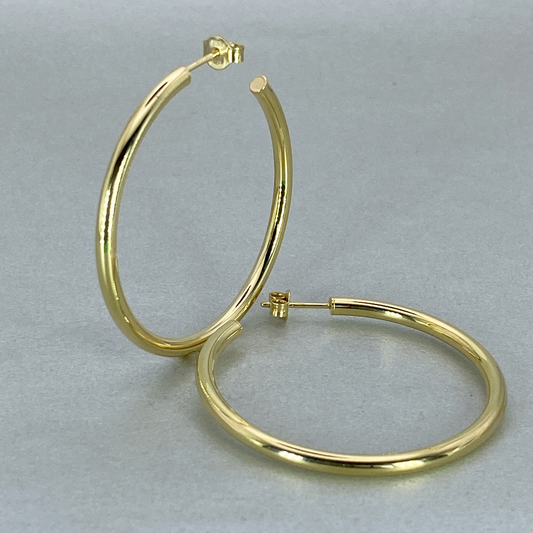 9ct Yellow Gold Hollow Italian 40mm Internal Diameter & 3mm Tube Hoop Earrings