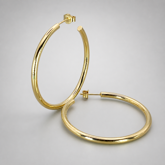 9ct Yellow Gold Hollow Italian 40mm Internal Diameter & 3mm Tube Hoop Earrings