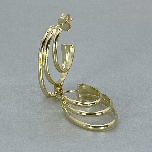 9ct Yellow Gold Hollow Italian Three Half Hoop Fancy Earrings
