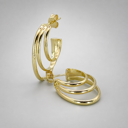9ct Yellow Gold Hollow Italian Three Half Hoop Fancy Earrings