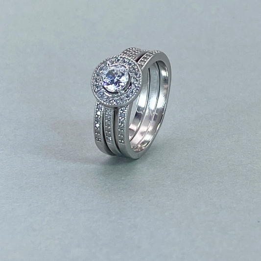 Silver White CZ  Halo Tripset Ring