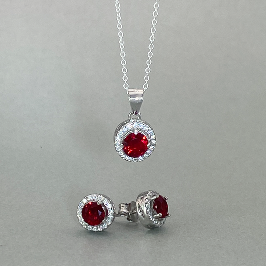 Silver CZ  Red Round Centre Stone Cluster Earring & Pendant Set