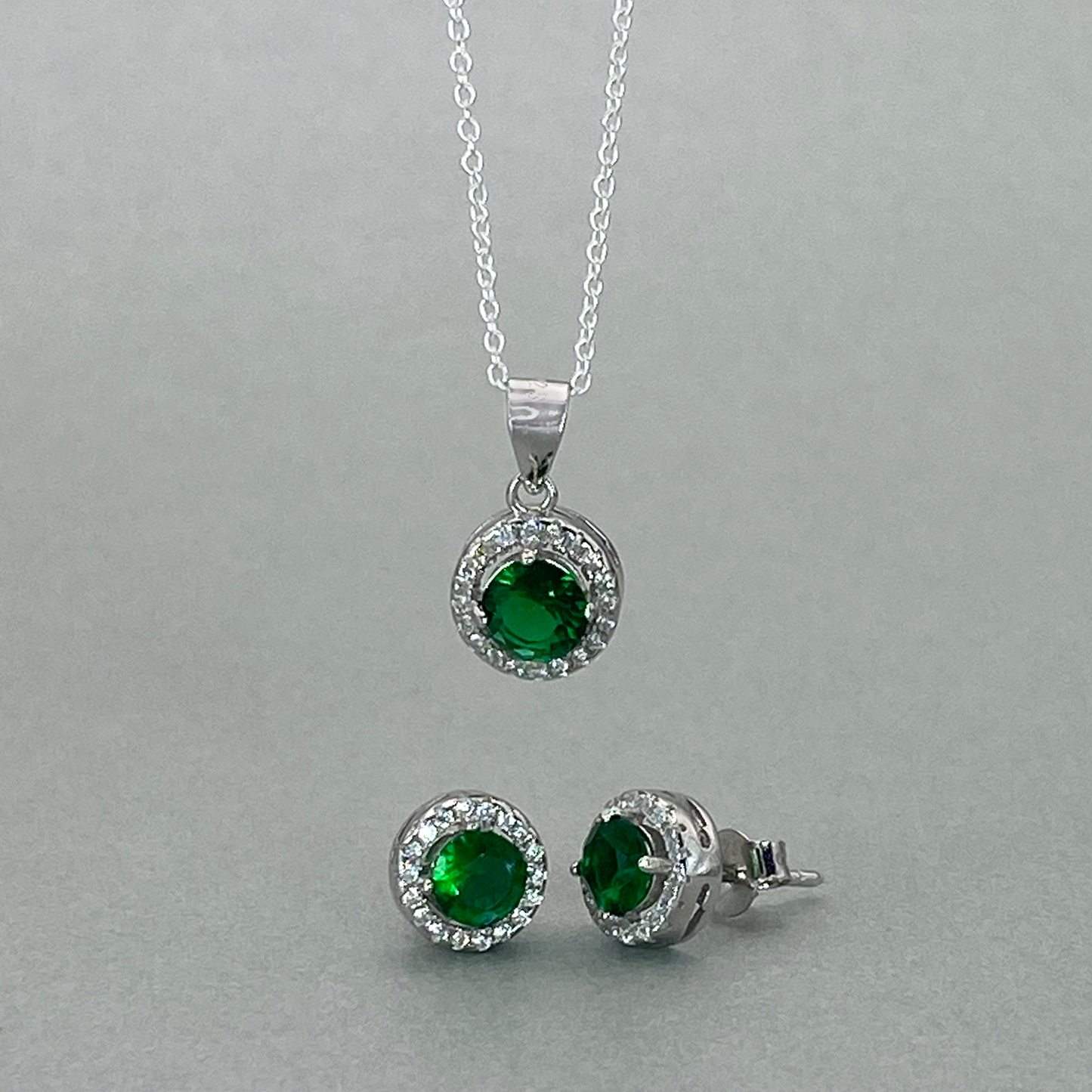Silver CZ  Green Round Centre Stone Cluster Earring & Pendant Set