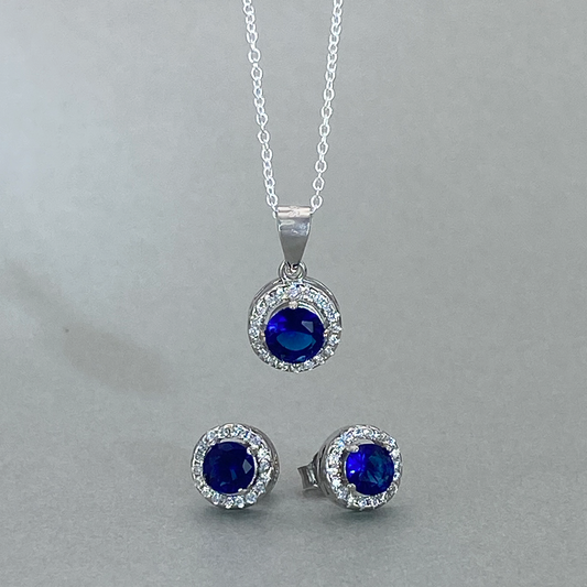 Silver CZ  Blue Round Centre Stone Cluster Earring & Pendant Set