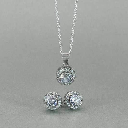 Silver CZ  White Round Centre Stone Cluster Earring & Pendant Set