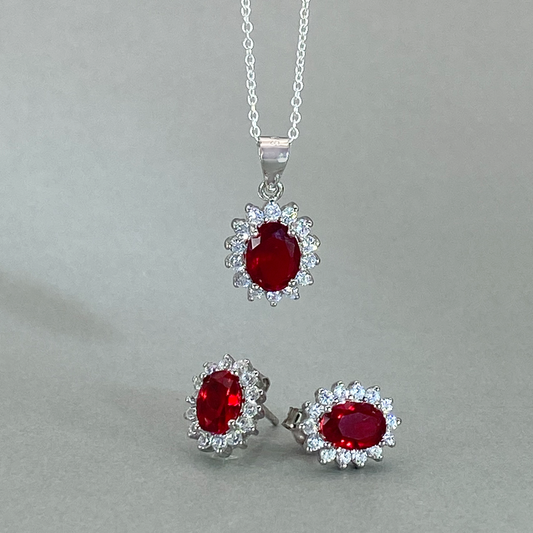 Silver CZ  Red Oval (4mm) Centre Stone Cluster Earring & Pendant set