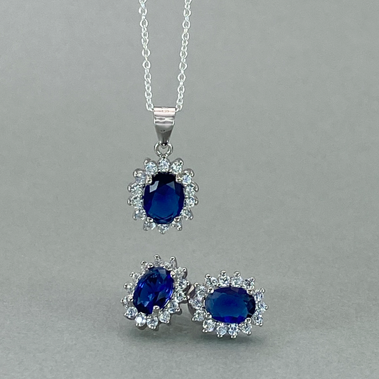 Silver CZ  Blue Oval (4mm) Centre Stone Cluster Earring & Pendant set