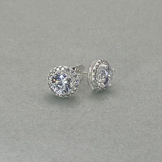Silver White CZ Small Halo Earrings