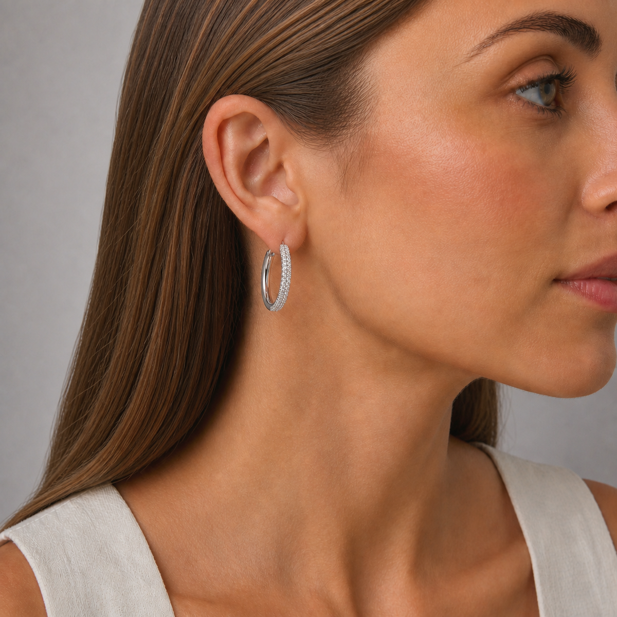 Silver Cubic Zirconia Double Row Hoop Earring 23mm Diameter