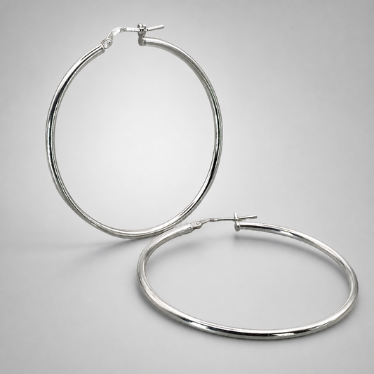 Silver Italian Hoop 40mm Internal Diameter & 2mm Tube Hoop Earrings