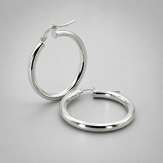 Silver Italian Hoop 30mm Internal Diameter & 3mm Tube Hoop Earrings