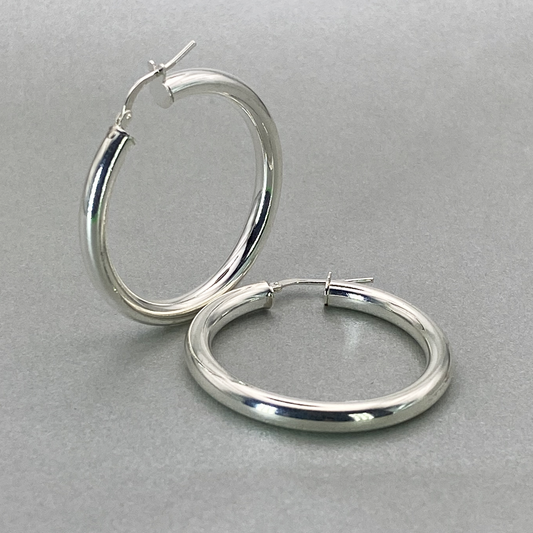Silver Italian Hoop 30mm Internal Diameter & 4mm Tube Hoop Earrings