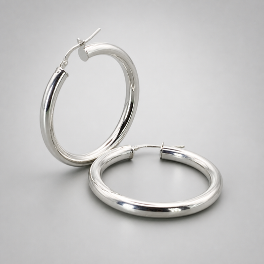 Silver Italian Hoop 30mm Internal Diameter & 4mm Tube Hoop Earrings