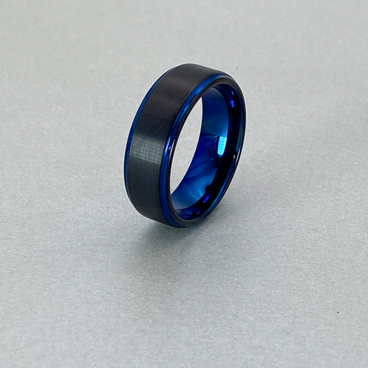 Tungsten Ring , Inside and Edge with Polished Shiny Blue  Plating , and center Strip Brushed IP Black Plating.