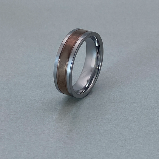 Tungsten Ring , Plain Polished Shiny, two grooves, center strip with Coffee colour Plating.