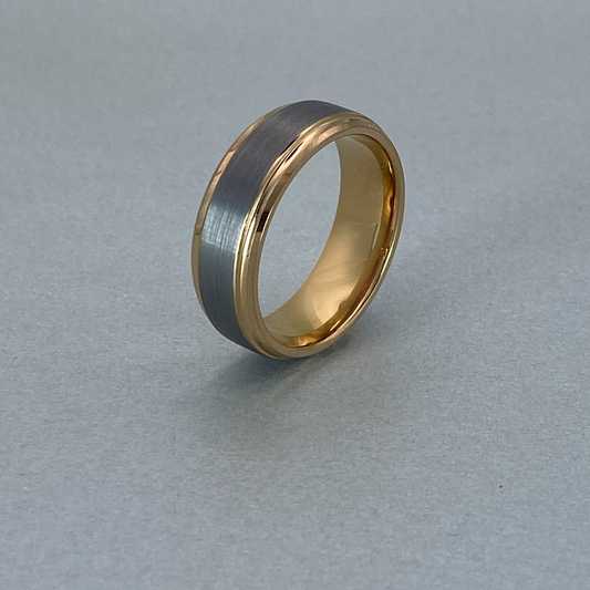 Tungsten Ring , Side and step edge with Polished shiny and Rose Gold Plating , center strip plain brushed finish.