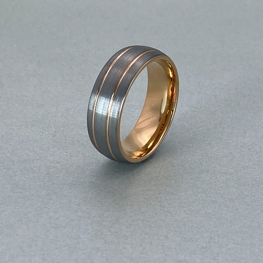 Tungsten Ring , Plain Brushed & IP Rose Gold Plated, Domed with Two Grooves. Inside with Polished Shiny IP Rose Gold Plated.