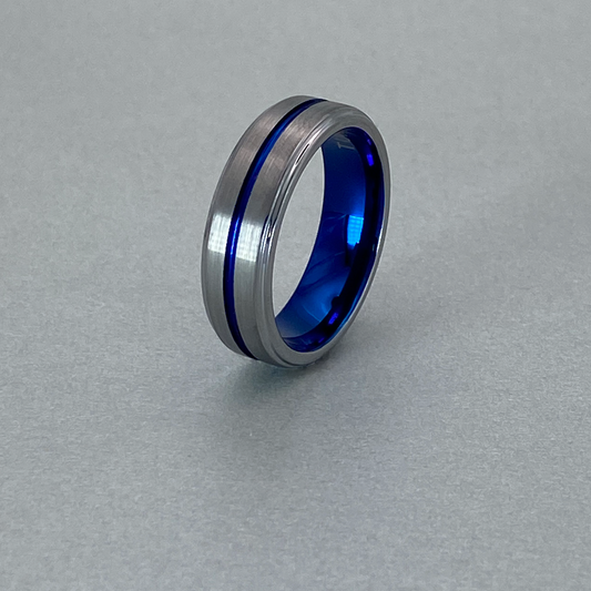 Tungsten Ring , Plain Brushed Finish Flat and Step Edge with Shiny IP Blue Plated Centre Groove.