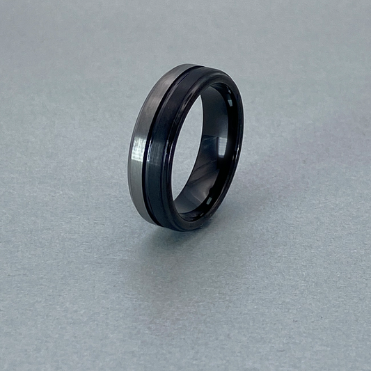 Tungsten Ring , Two Tone Black and Plain Brushed Finish.