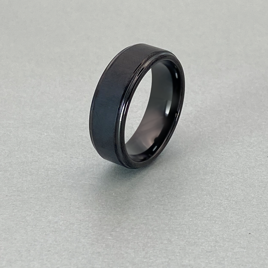 Tungsten Ring , Flat Step Edge, Full Brushed IP Black Plated, Polished Edge Shiny.