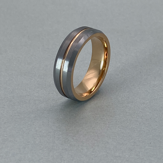 Tungsten Ring , Plain Brushed & IP Rose Gold Plated, Domed with Single Groove. Inside with Polished Shiny IP Rose Gold Plated.