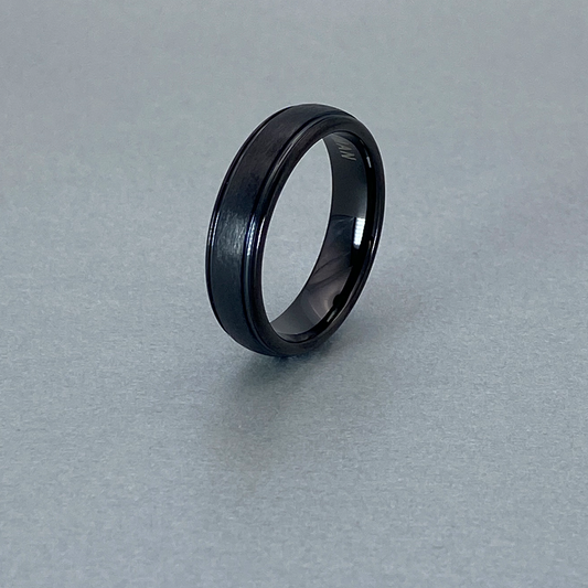 Tungsten Ring , Full IP Black Domed and 2 Small Grooves, with Brushed Finish.