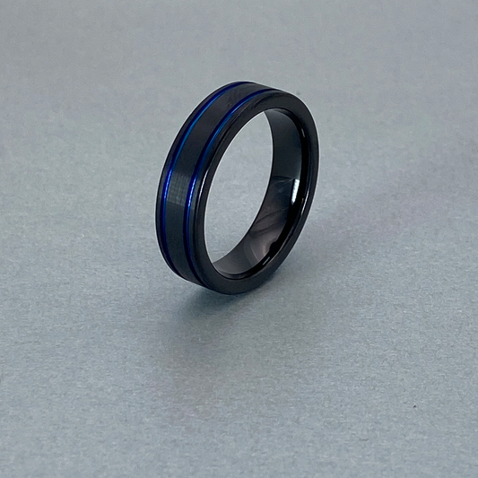 Tungsten Ring , Brushed IP Black Flat with 2 IP Blue plated Grooves and shiny Black inner.
