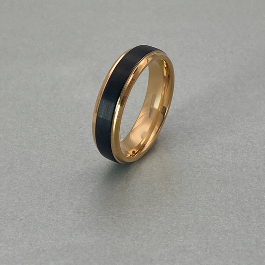 Tungsten Ring , Flat Step Edges and Bevelled, Brushed IP Black & IP Rose Gold Plated.