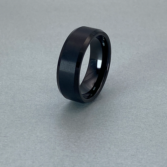 Tungsten Ring , Black  Plating , center brushed flat top with bevelled edge.