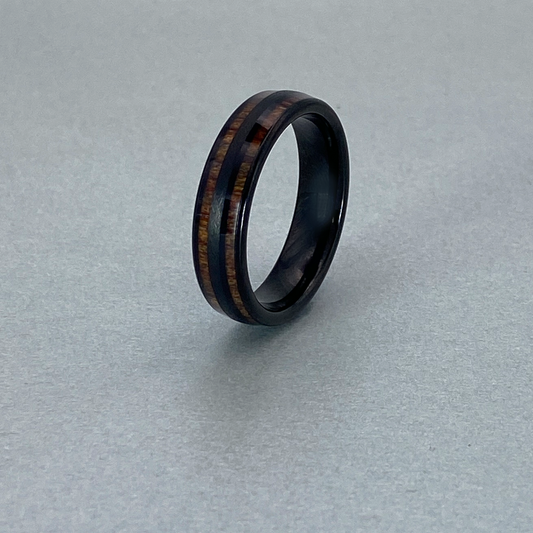 Tungsten Ring , Domed, Two Grooves with Padauk Wood Resin Inlaid, with Brushed Finish Black IP Plating.
