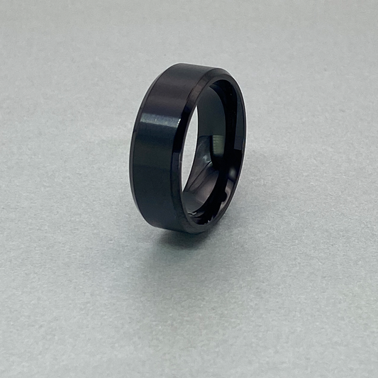 Titanium Ring 8mm, Flat, Full Black  Plated, Beveled Edge &  Inside Polished, Centre Brushed