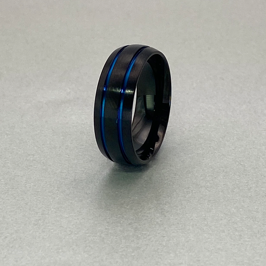 Titanium Ring 8mm, Domed, IP Black  Plated, Sides with Two Shiny Blue Plated Lines, Inside Polished Shiny, Surface Brushed