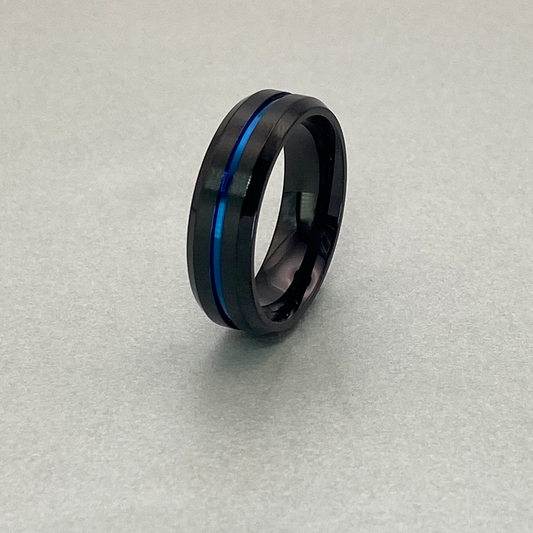 Titanium Ring 7mm, Groove Polished Shiny IP Blue Plated, Beveled Edge IP Black  Plated, Brushed Finish