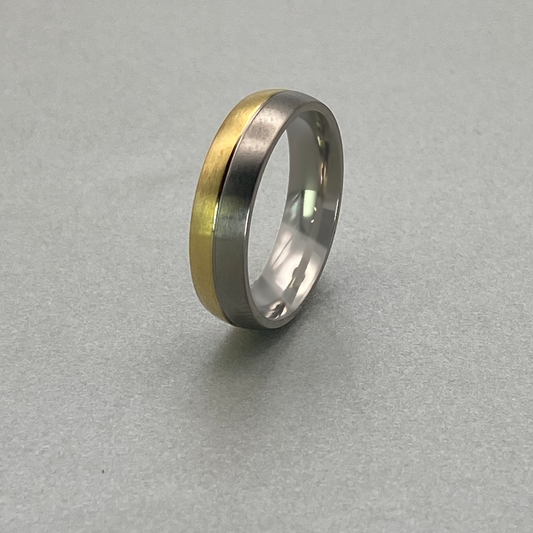 Titanium Ring 6mm, Domed, Brushed Finish, Inner Polished Shiny,Grooved line, Half side IP Gold Plated