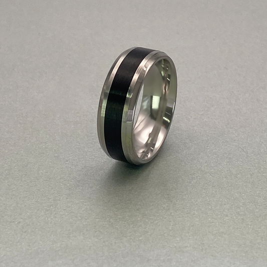 Titanium Ring 8mm, Flat Centre strip Beveled Edge with Brushed Black IP Plated finish