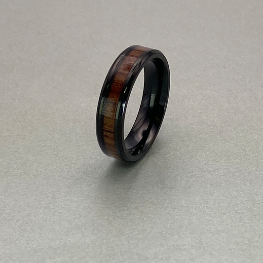 Titanium Ring 6mm, Full Polished Shiny &  IP Black  Plated, Center Groove 3mm with Padauk Wood Inlay