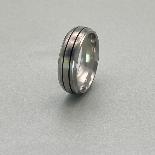 Titanium Ring 7mm, Two grooves with Black  enamel inlaid, Ridged &  inside with polished shiny, other part with brushed